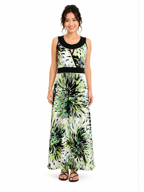 Susan Lawrence Dresses & Skirts - Susan Lawrence Green, White & Black Floral Burst Maxi Dress  Black Trim Sz Small